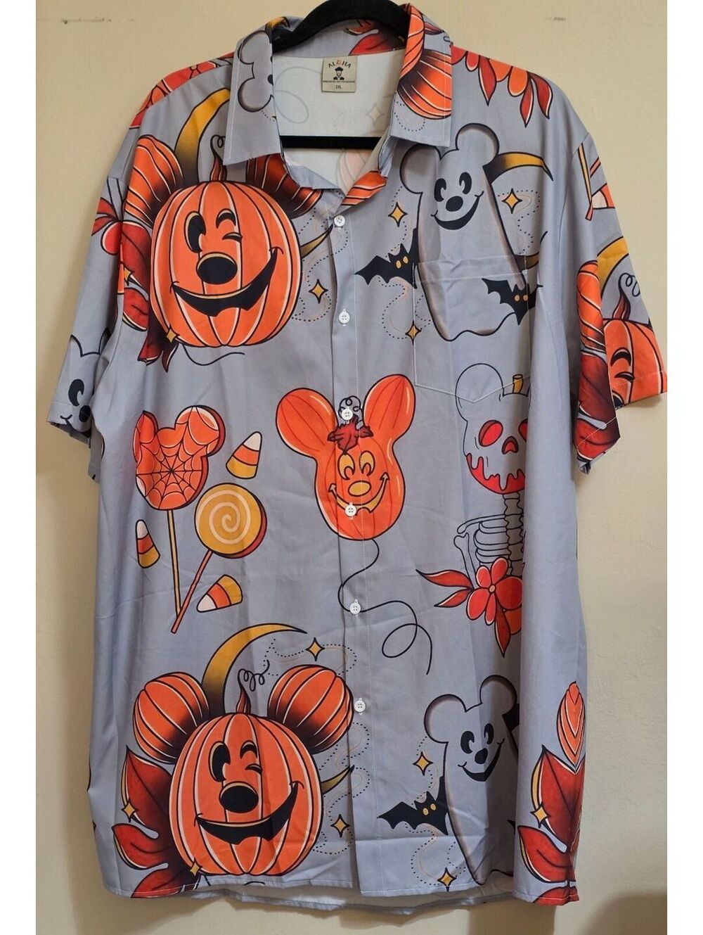 Aloha Mickey Halloween Pumpkin Print Button-Up Shirt 2XL